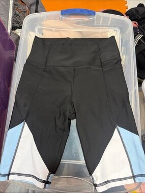 Aqua Black Shorts with Light Blue & White Panels - High Waist Active Leggings